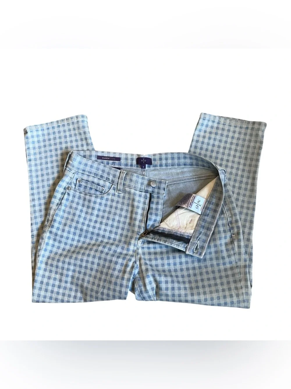 NYDJ Women’s Sz 8 Blue Gingham High Rise Karen Capri Denim Jeans Stretch - Picture 8 of 16